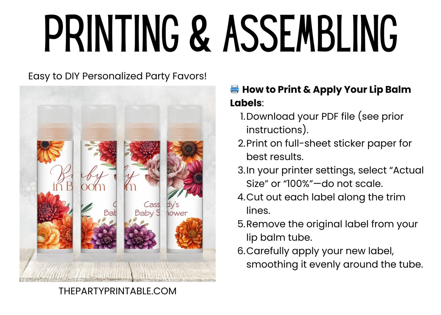 Baby in Bloom Lip Balm Label Template: Fall Baby Shower, Floral Favor