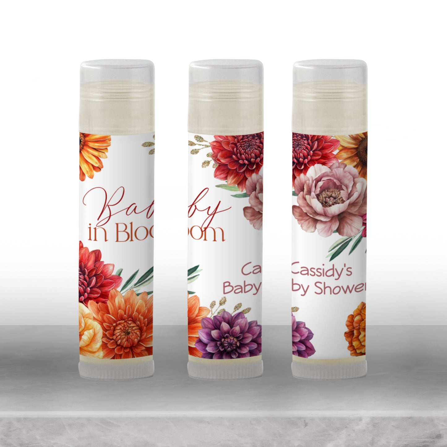 Baby in Bloom Lip Balm Label Template: Fall Baby Shower, Floral Favor