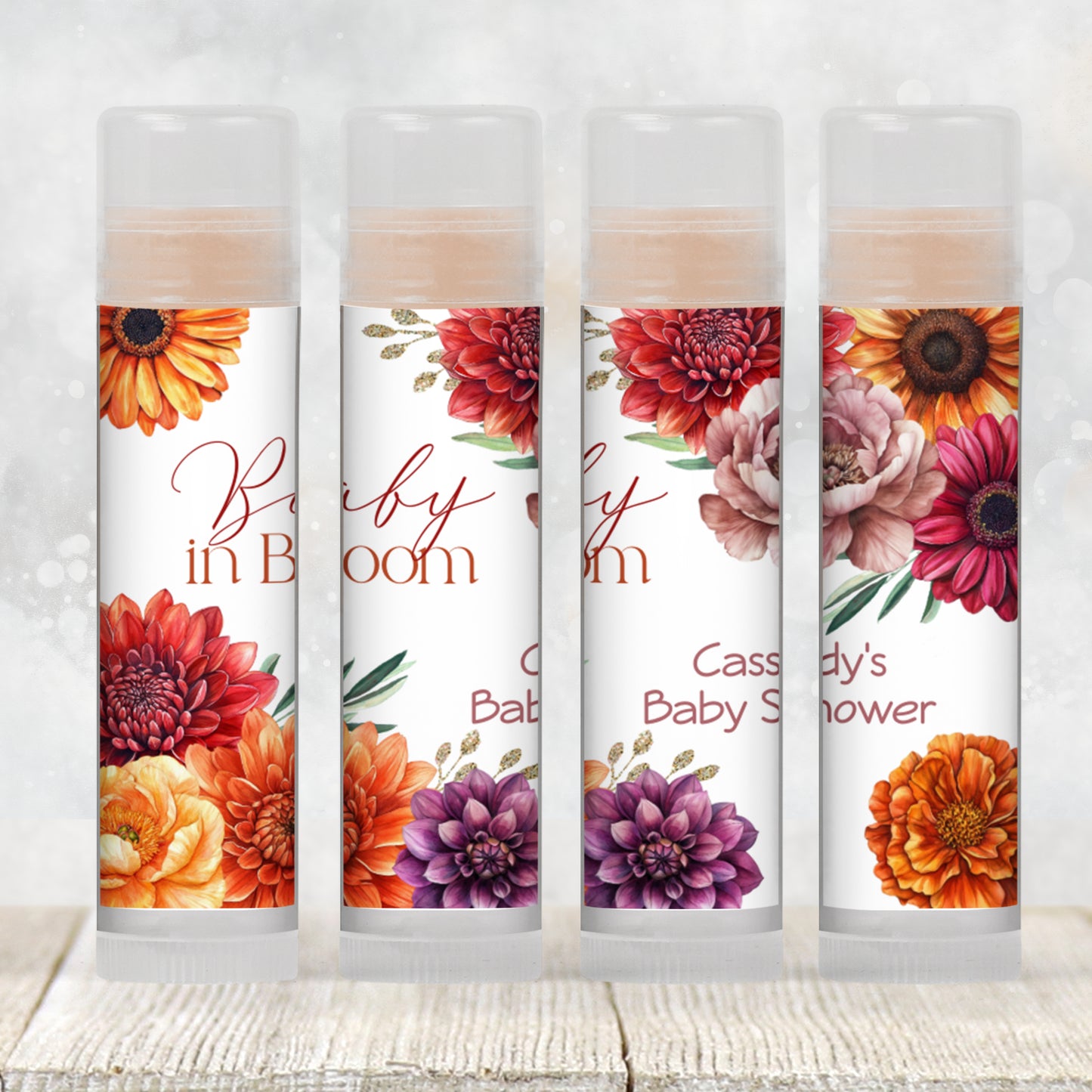 Baby in Bloom Lip Balm Label Template: Fall Baby Shower, Floral Favor