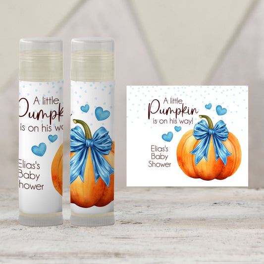 Pumpkin with Blue Bow Chapstick Favors: Baby Boy Shower, Fall Party Gift