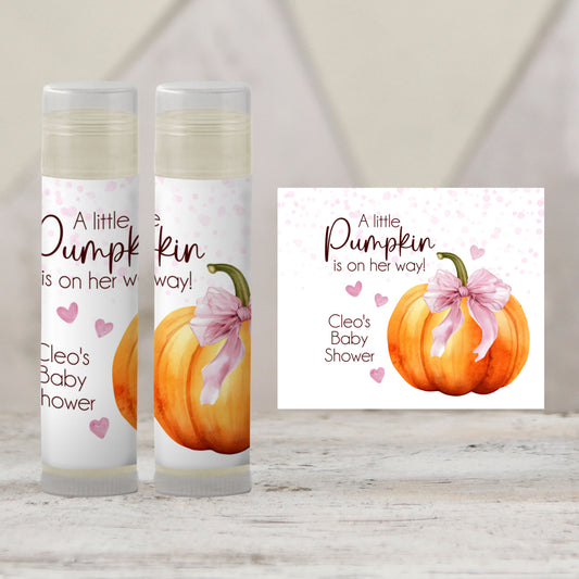 Pumpkin with Pink Bow Chapstick Favors: Baby Girl Shower, Fall Party Gift