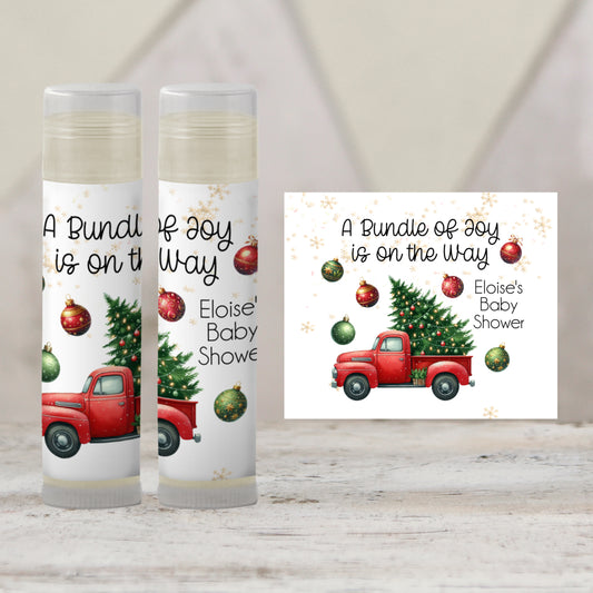 Bundle Is On the Way Lip Balm Label Template: Red Christmas Truck Baby Shower (Digital Download)