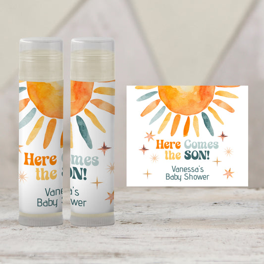 Here Comes the Son Chapstick Favors: Retro Baby Boy Shower Gift