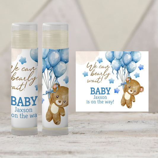 We Can Bearly Wait Chapstick Favors: Brown Teddy Bear with Blue Balloons Boy Baby Shower Gift