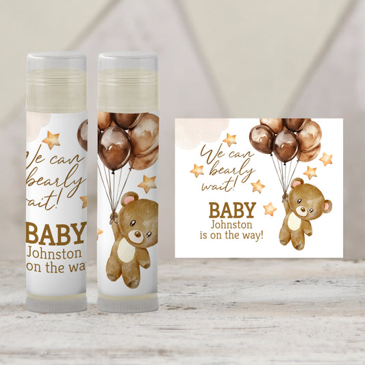 We Can Bearly Wait Chapstick Favors: Brown Teddy Bear Gender Neutral Baby Shower Gift