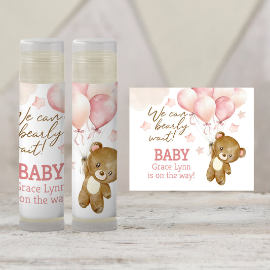 We Can Bearly Wait Chapstick Favors: Brown Teddy Bear with Pink Balloons Girl Baby Shower Gift