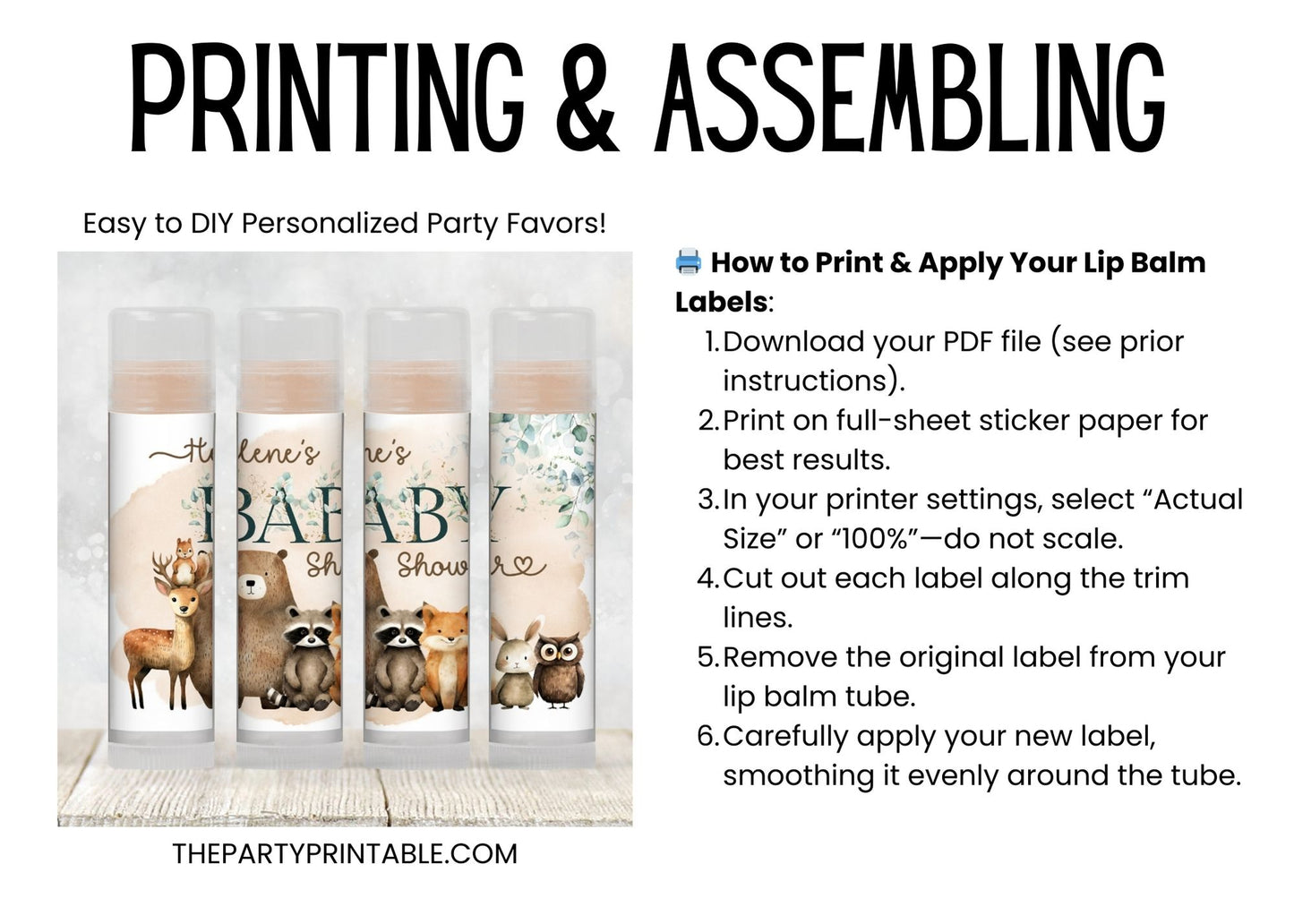 Printable Woodland Lip Balm Label TEMPLATE | Forest Baby Shower or Birthday Party Favor | Bear Deer Raccoon Fox with Eucalyptus Leaves, 2003