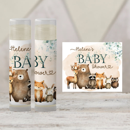 Woodland Party Favors | Chapstick Favor | Forest Baby Shower or Birthday Party Favor | Bear Deer Raccoon Fox with Eucalyptus Leaves, 2003