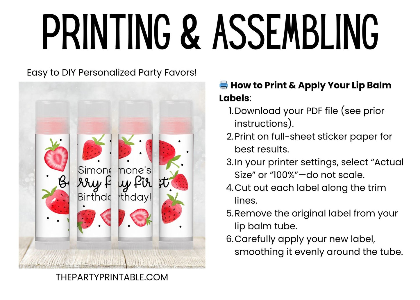 Berry First Birthday Favors Lip Balm Label TEMPLATE | Editable Strawberry Theme for Girl | Thank You Berry Much Summer Party Favor 2200