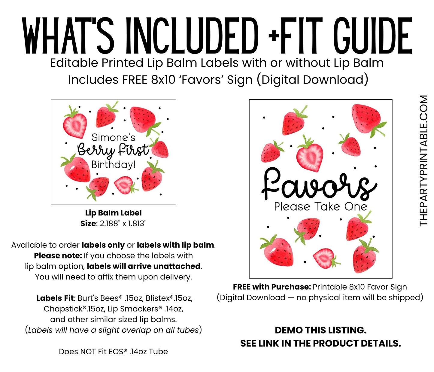 Strawberry Birthday Favors PRINTED Lip Balm LABELS or Lip Balm | Girl Summer Theme Party | Berry Sweet Thank You 1st Birthday Favors 2200