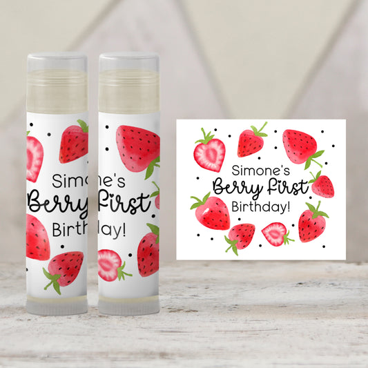 Strawberry Birthday Favors PRINTED Lip Balm LABELS or Lip Balm | Girl Summer Theme Party | Berry Sweet Thank You 1st Birthday Favors 2200