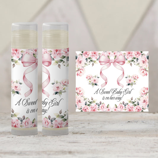 Pink Bow Chapstick Favors: Floral Coquette Girl Baby Shower Party Gift