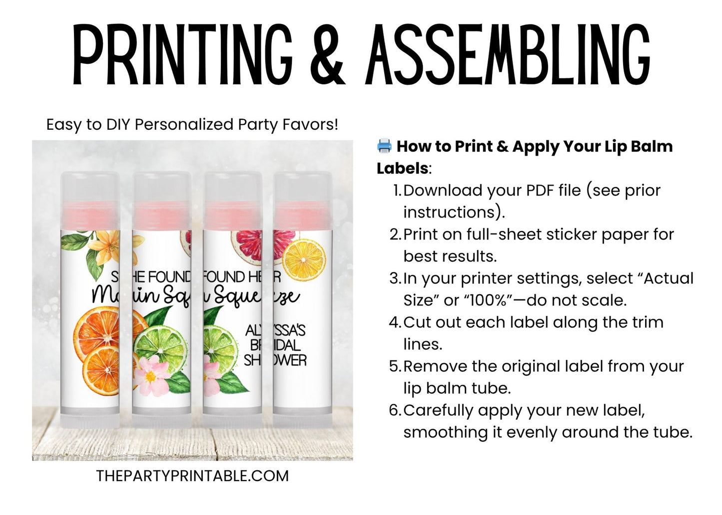 Main Squeeze Lip Balm Label Template: Citrus Baby Shower or Summer Party Favor
