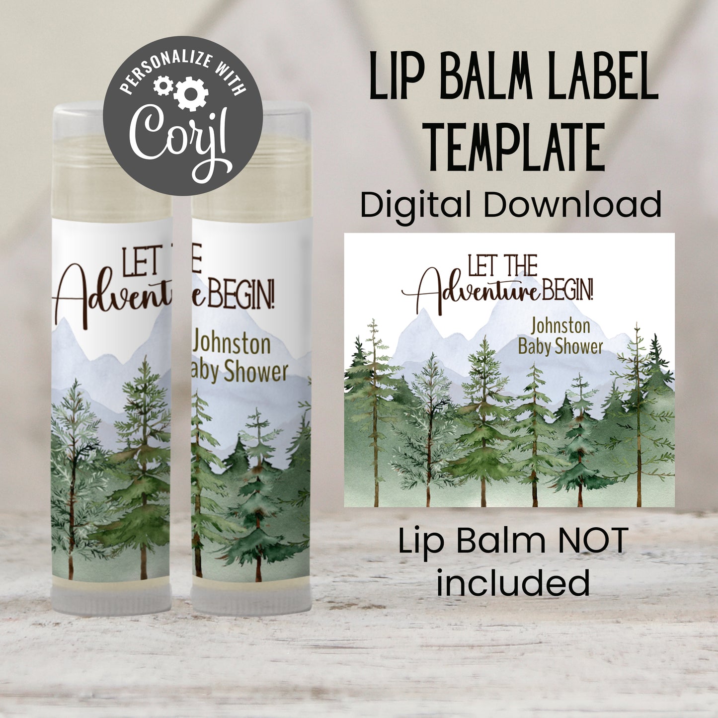 Printable The Adventure Awaits Lip Balm Label TEMPLATE | Travel Baby Shower, Retirement, or Birthday Party Favor | Editable Chapstick, 2403