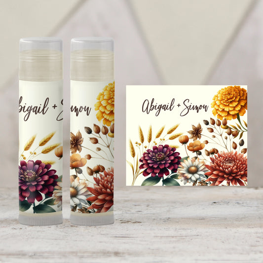 Fall Wedding Favors PRINTED Lip Balm Labels or Lip Balm | Mums Floral Bridal Shower | Autumn Rustic Guest Gifts Personalized for You 2600