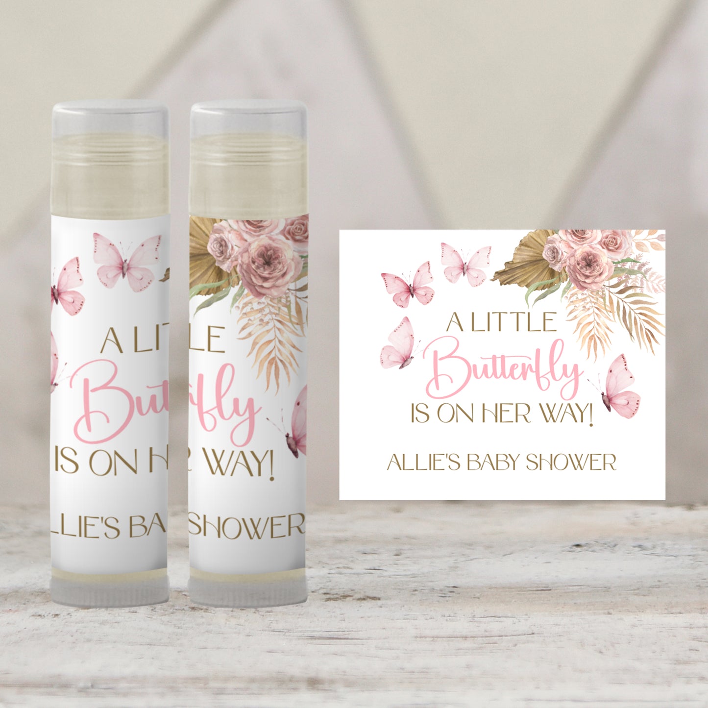 Pink Boho Butterfly Chapstick Favors: Baby Shower or Party Gift