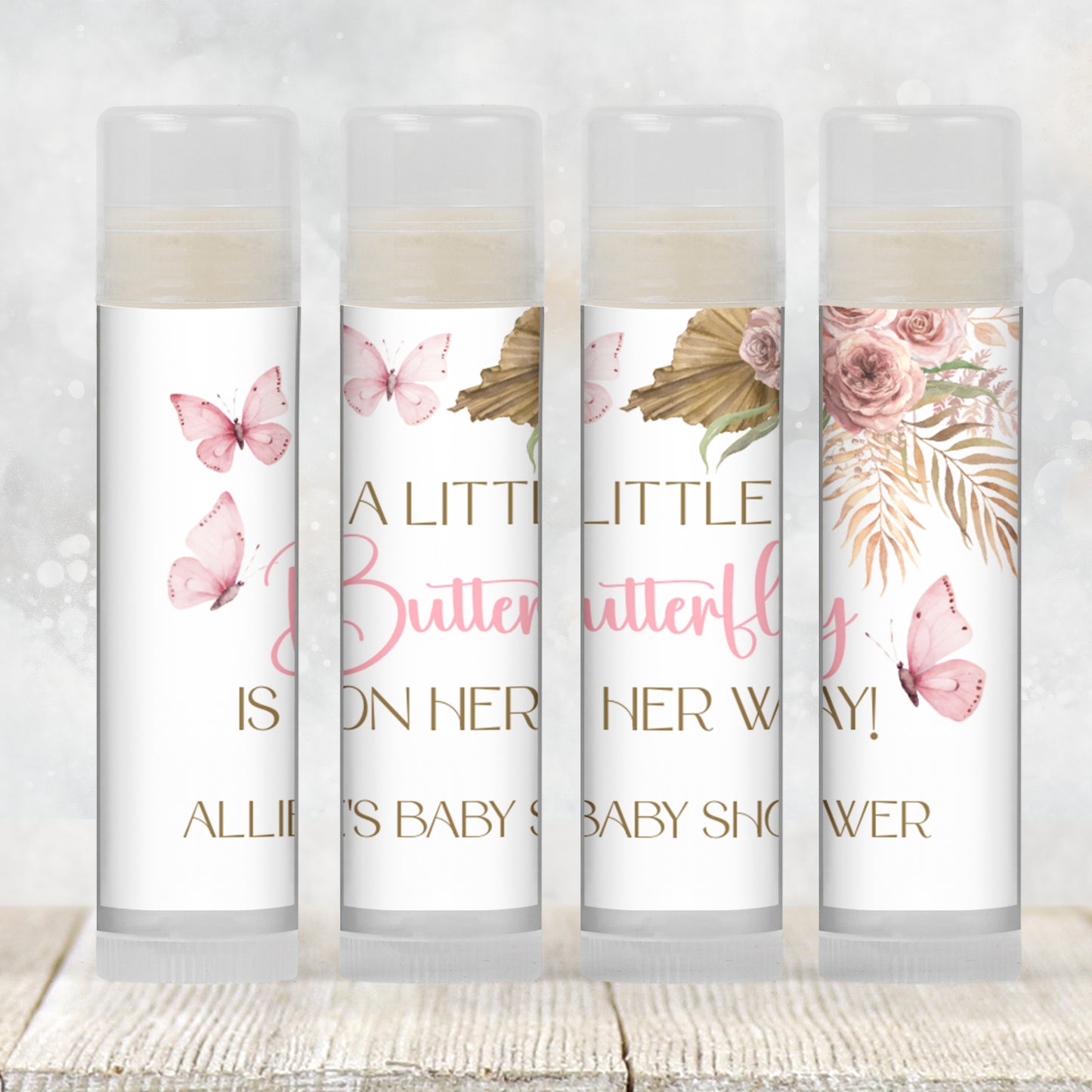 Pink Boho Butterfly Chapstick Favors: Baby Shower or Party Gift