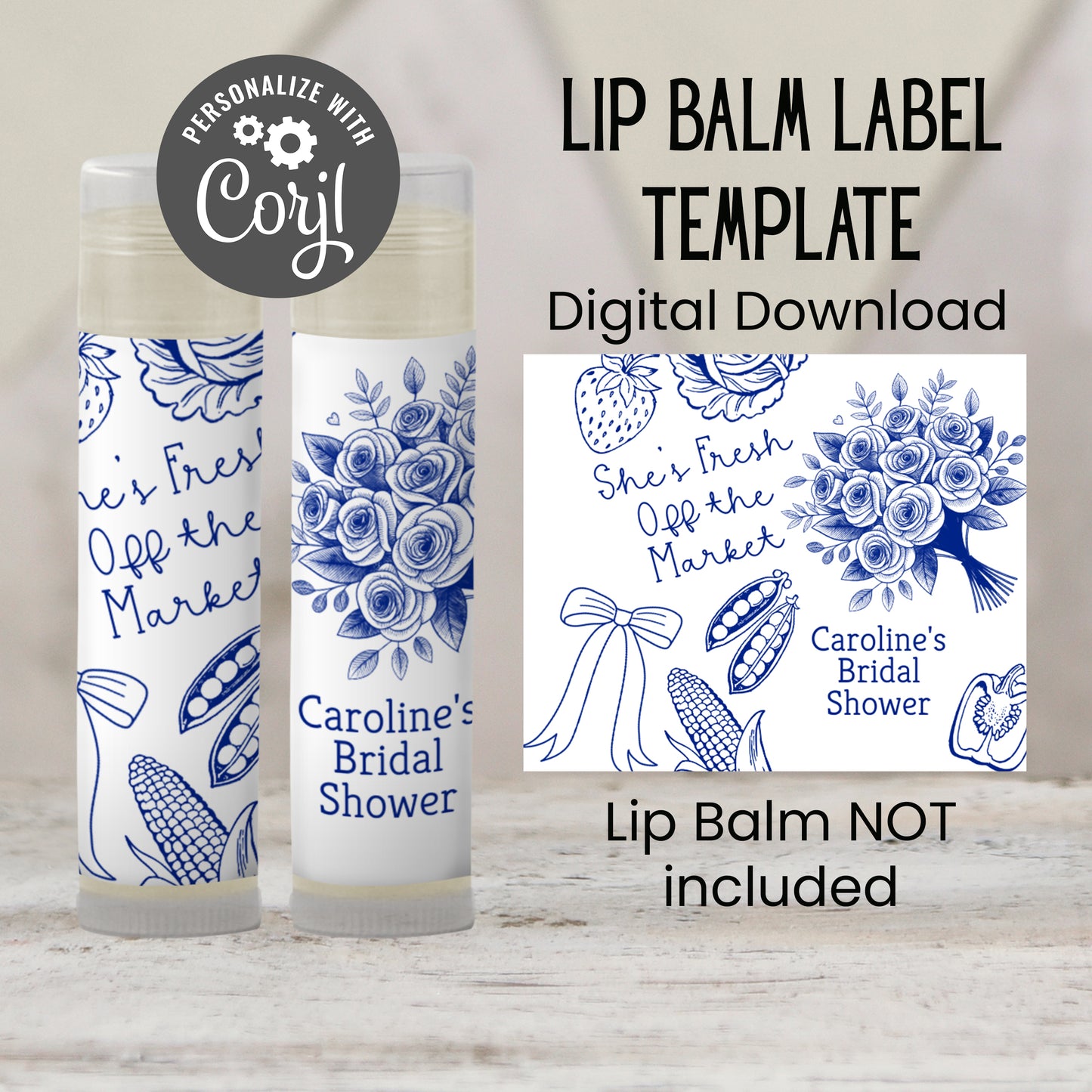 She’s Off the Market Lip Balm Label Template: Blue Bridal Shower or Bachelorette Favor