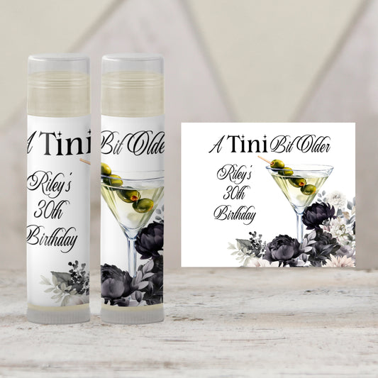 Talk Thirty to Me Birthday Favors PRINTED Lip Balm Labels or Lip Balm | Martini Theme Party Gifts | 30th 40th 50th Birthday Guest Favor 2800