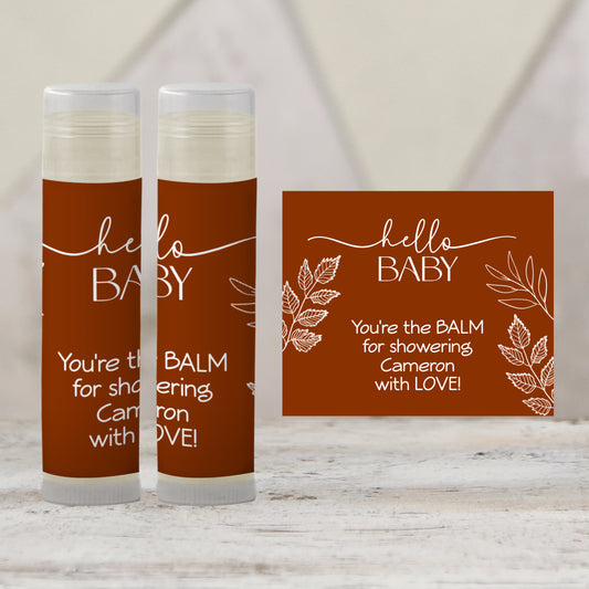 Burnt Orange Hello Baby Chapstick Favors: Rustic Fall or Gender Neutral Baby Shower Gift