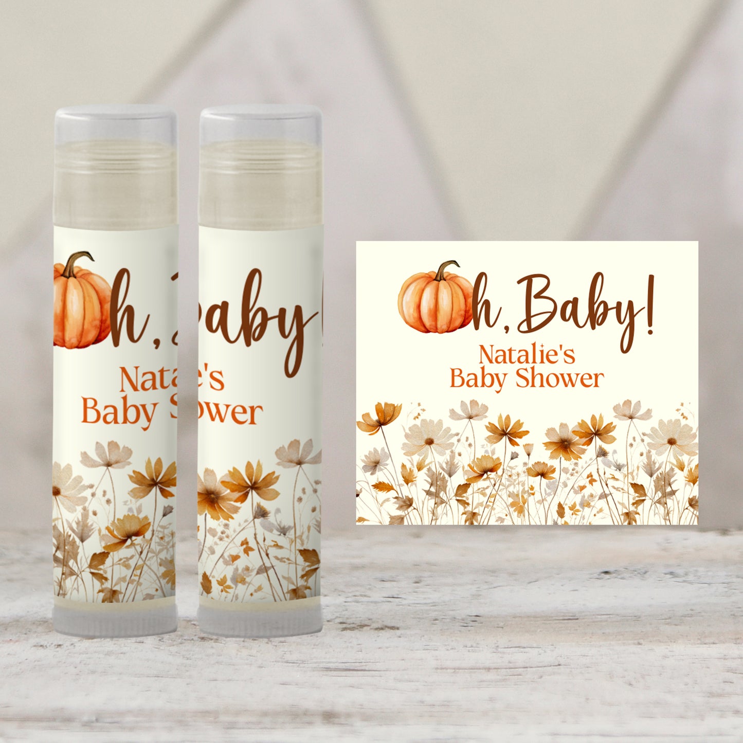Oh Baby Pumpkin Lip Balm Favors: Fall Baby Shower, Autumn Floral