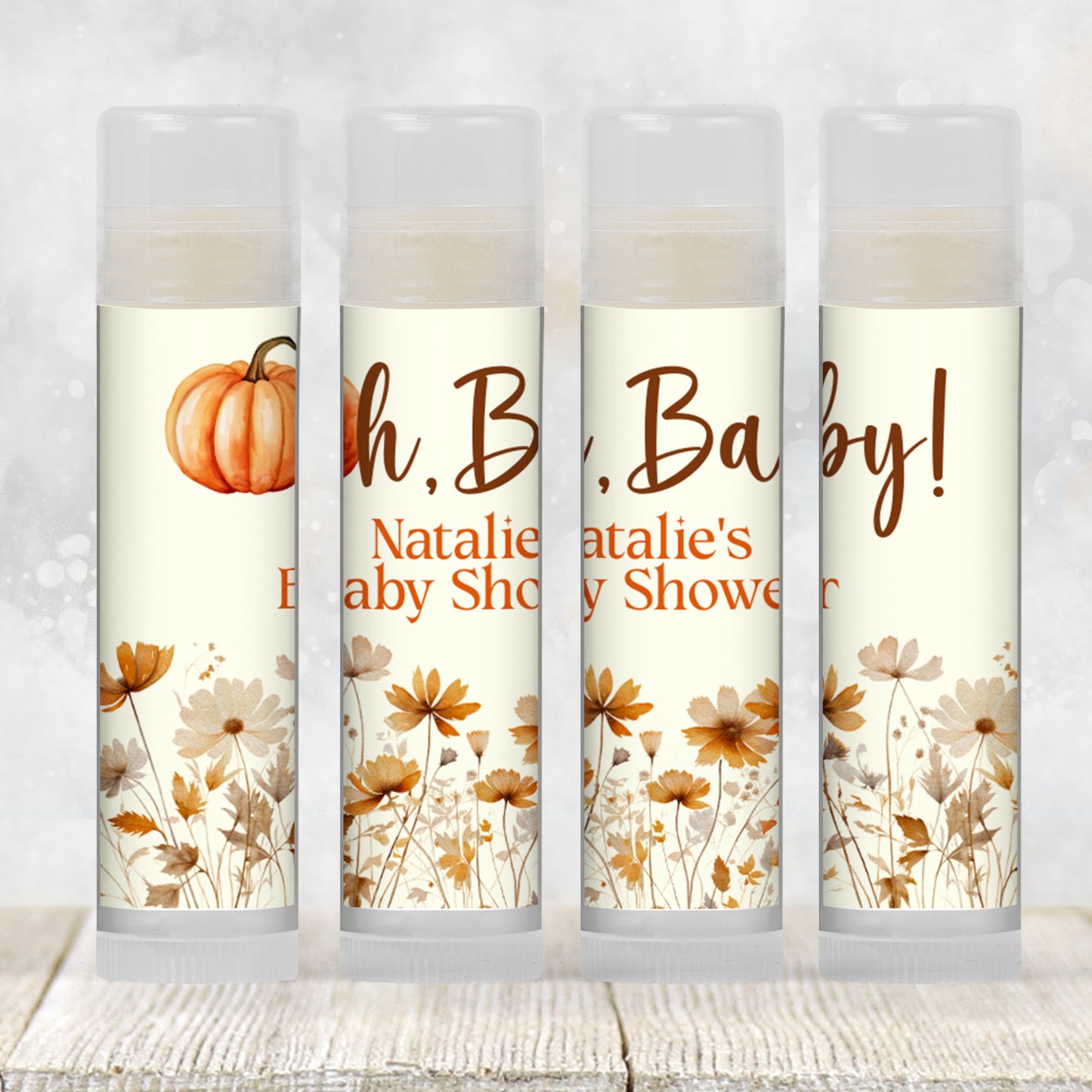 Oh Baby Pumpkin Lip Balm Favors: Fall Baby Shower, Autumn Floral