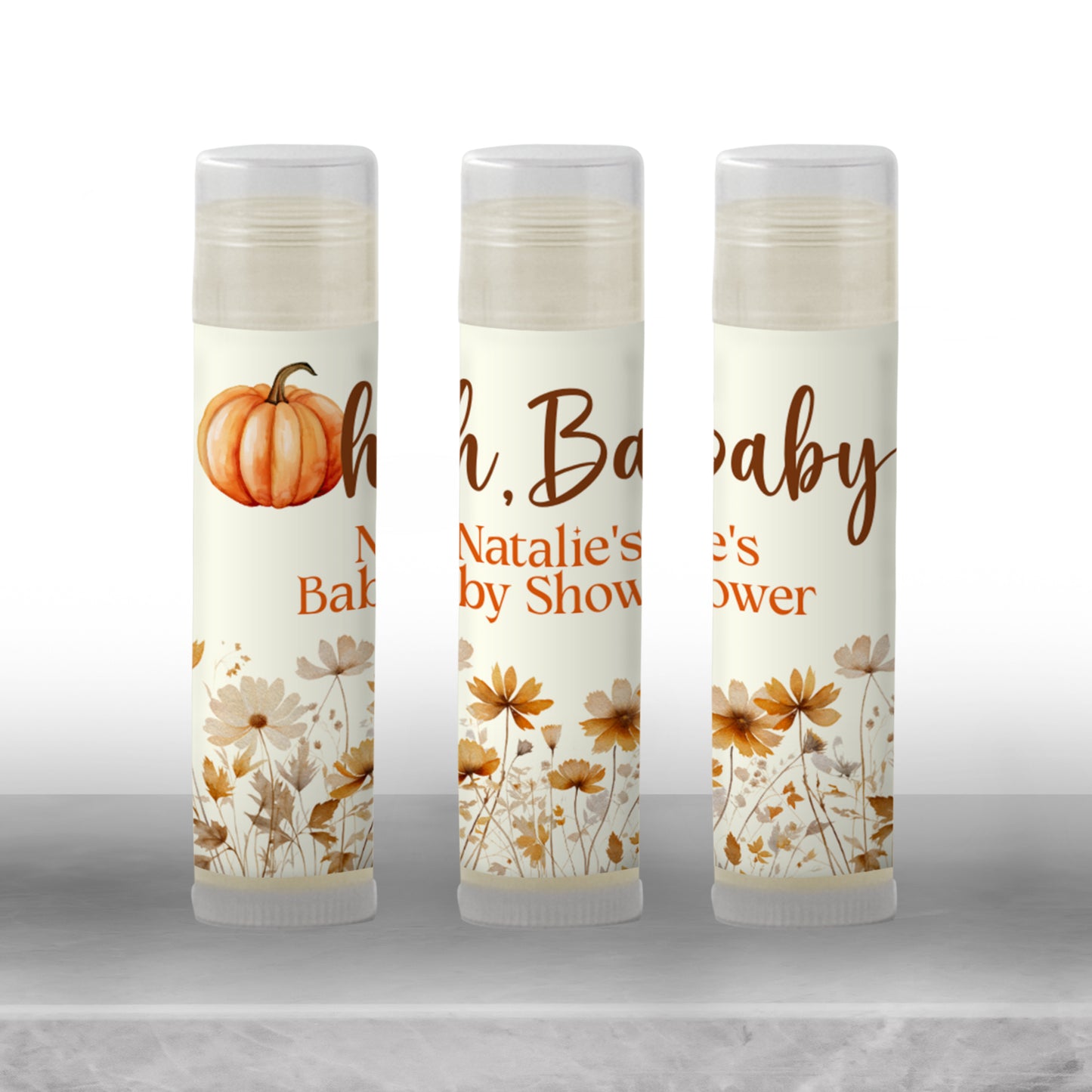 Oh Baby Pumpkin Lip Balm Favors: Fall Baby Shower, Autumn Floral