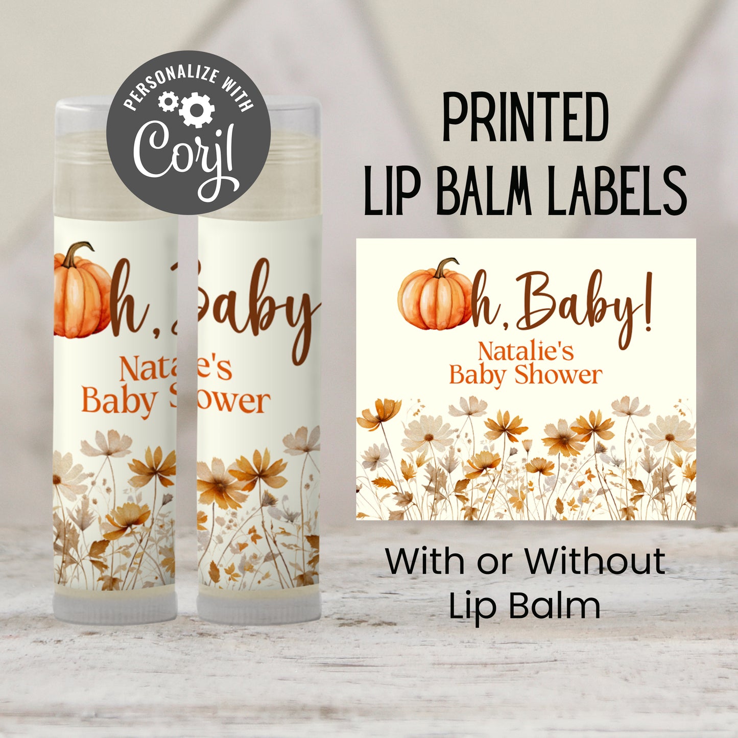 Oh Baby Pumpkin Lip Balm Favors: Fall Baby Shower, Autumn Floral