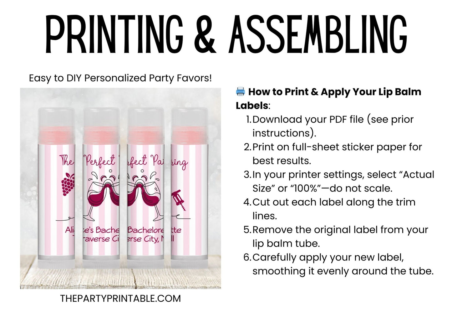 Printable Wine Theme Lip Balm Label TEMPLATE | Vino Bachelorette Favor | Vineyard Bridal Shower | Editable Girls Night Out Chapstick, 3203