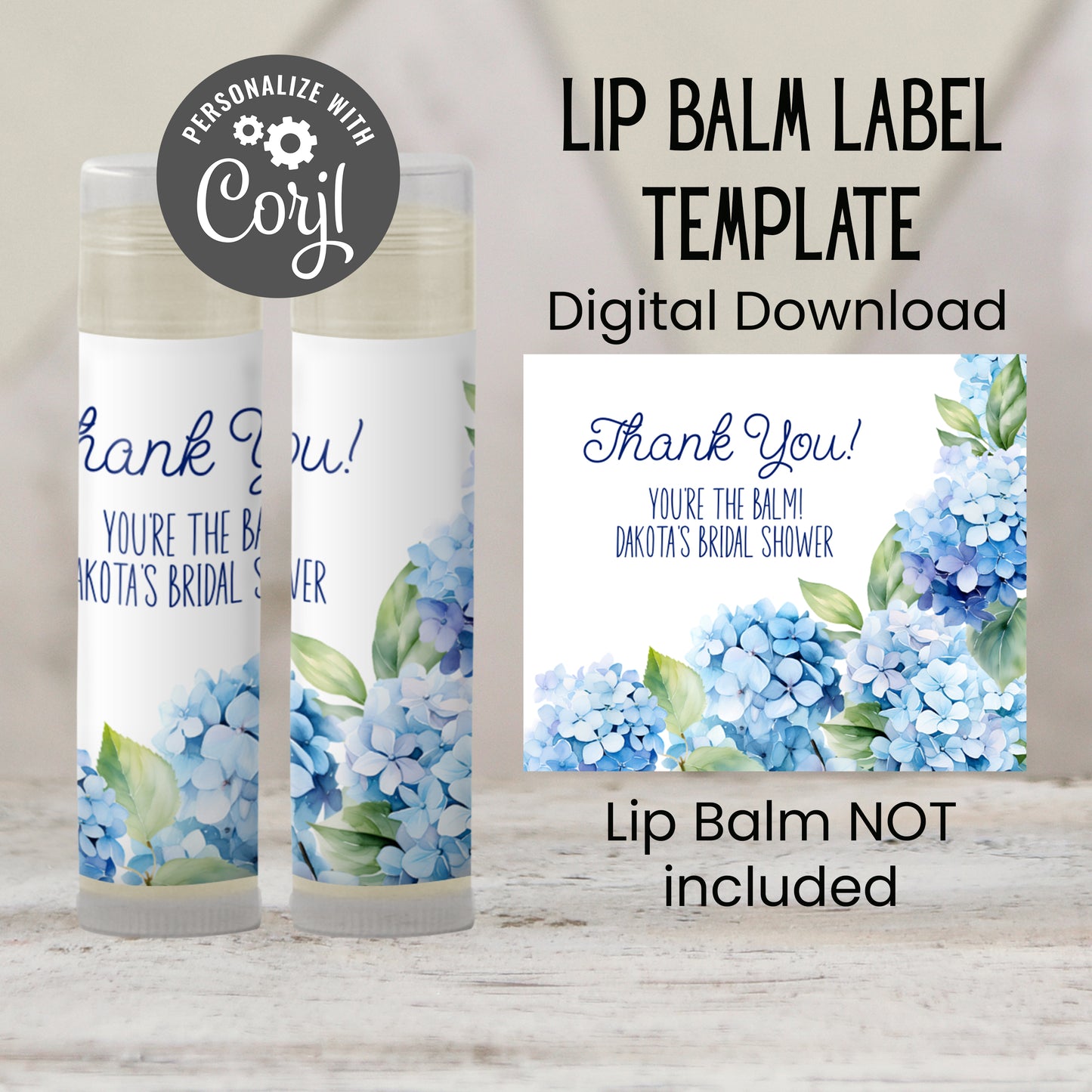 Hydrangea Lip Balm Label Template: Blue Bridal Shower Favor, Something Blue Theme