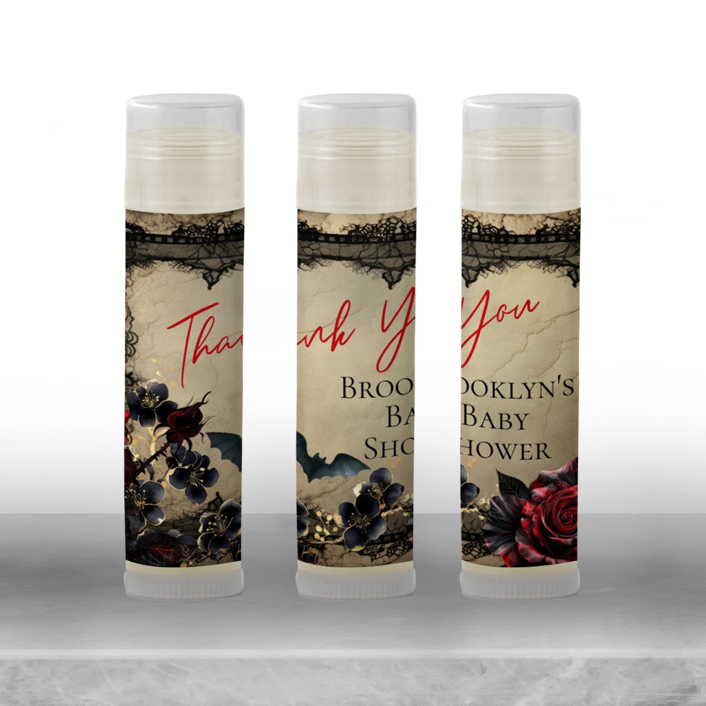 Gothic Halloween Lip Balm Favors: Spooky Vintage Baby Shower Guest Gift