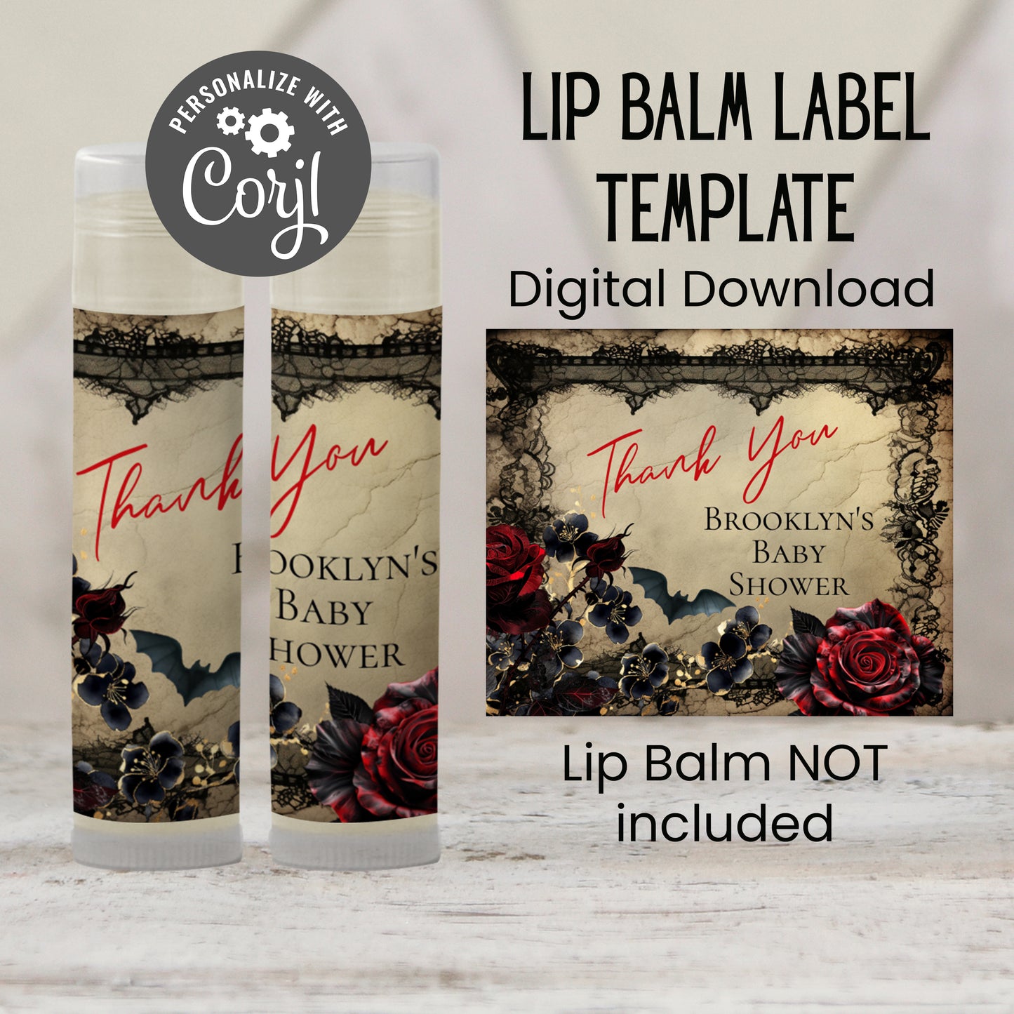 Gothic Halloween Lip Balm Label Template: Spooky Baby Shower Favor