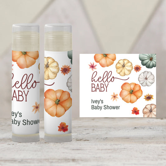 Hello Pumpkin Baby Shower Favors PRINTED Lip Balm Labels or Lip Balm | Fall Rustic Party | Autumn Leaves Neutral Guest Thank You Gift 3601