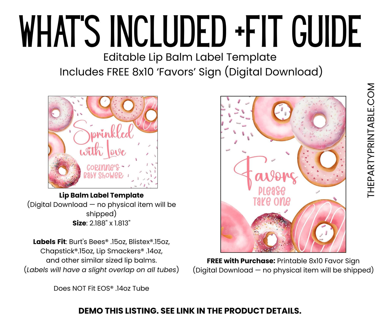 Printable Pink Donuts Baby Sprinkle Chapstick TEMPLATE | Girl Donuts Baby Shower Sprinkled with Love Party Favor | Donuts Baby Shower, 3602