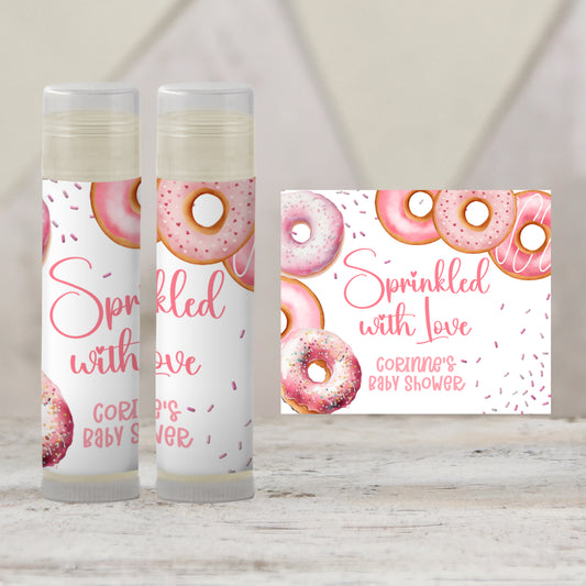 Pink Donuts Baby Sprinkle Favors, Girl Donuts Baby Shower Chapstick Party Favor Sprinkled with Love Shower, Donuts Baby Shower 3602
