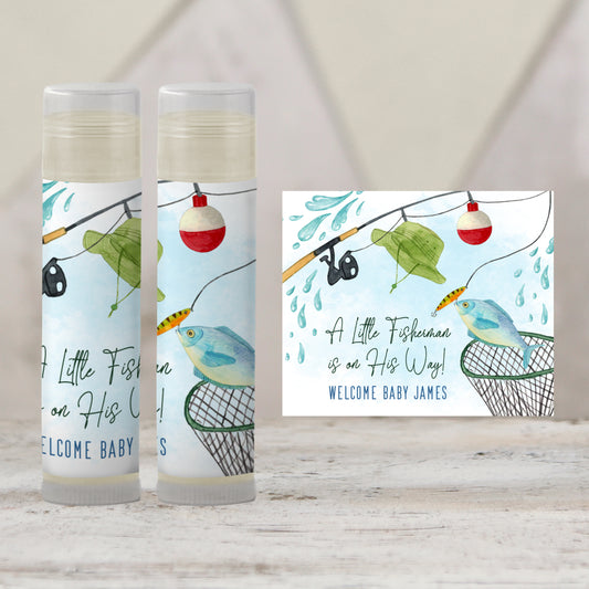 Fishing Baby Shower Chapstick Favor | A Little Fisherman Is on the Way | Boy Baby Shower Lip Balm Party Favor for Guests, 3802