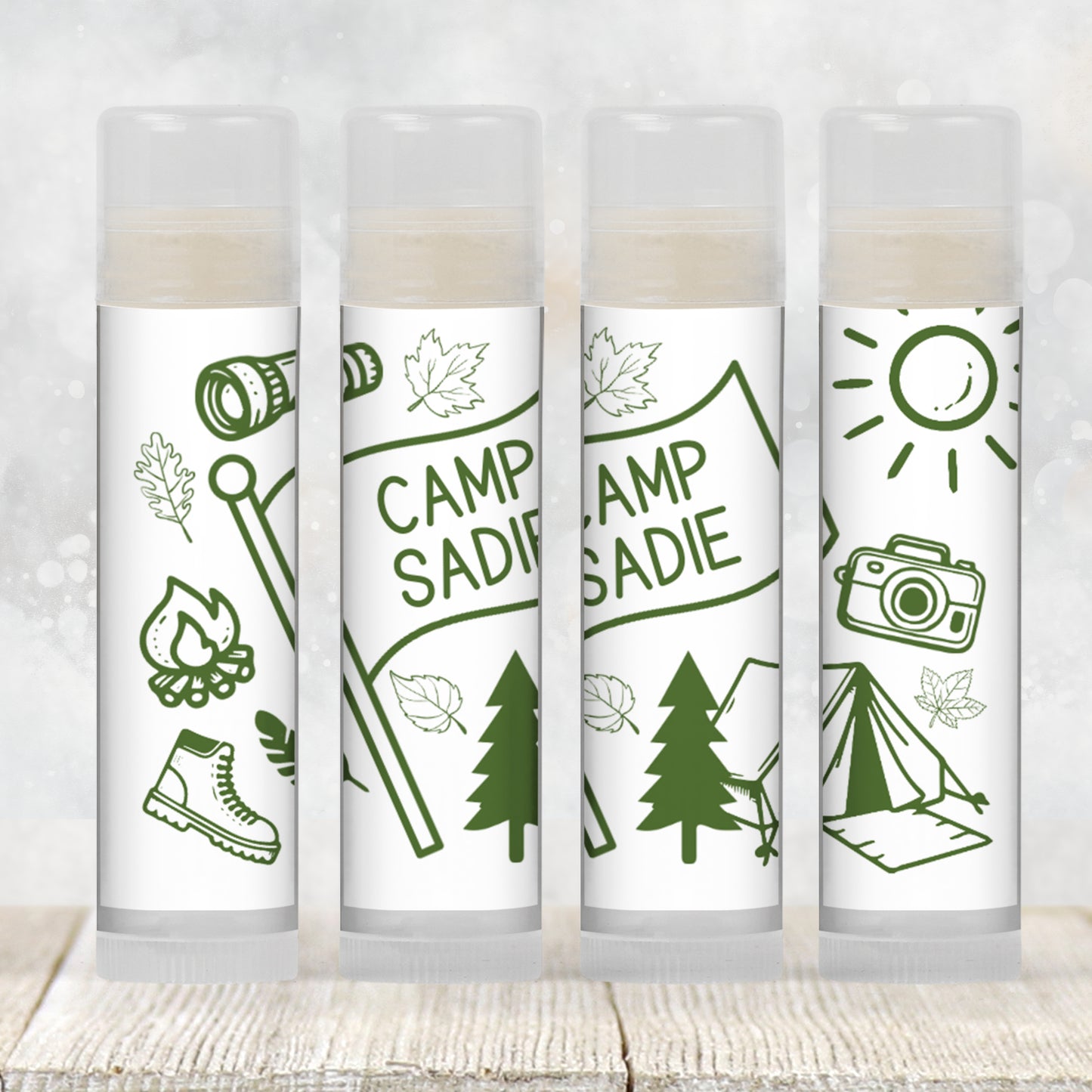 Camp Bach Chapstick Favors: Green Camping Theme Bachelorette or Birthday Gift