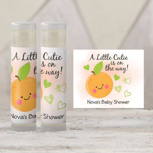 Little Cutie Baby Shower Lip Balm Favors | PRINTED Orange Citrus Labels or Lip Balm | A Little Cutie Is On The Way Party Stickers 4000