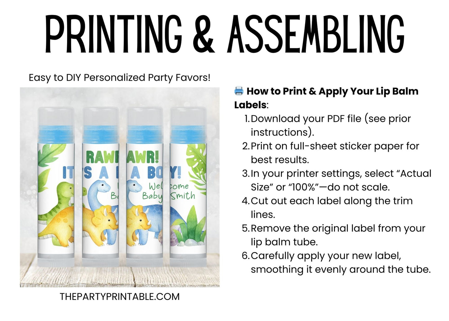 Printable Dinosaur Baby Shower Favor | Lip Balm Label TEMPLATE | Rawr It’s a Boy | Dino Baby Shower Party Favor | Chapstick Sticker, 4002