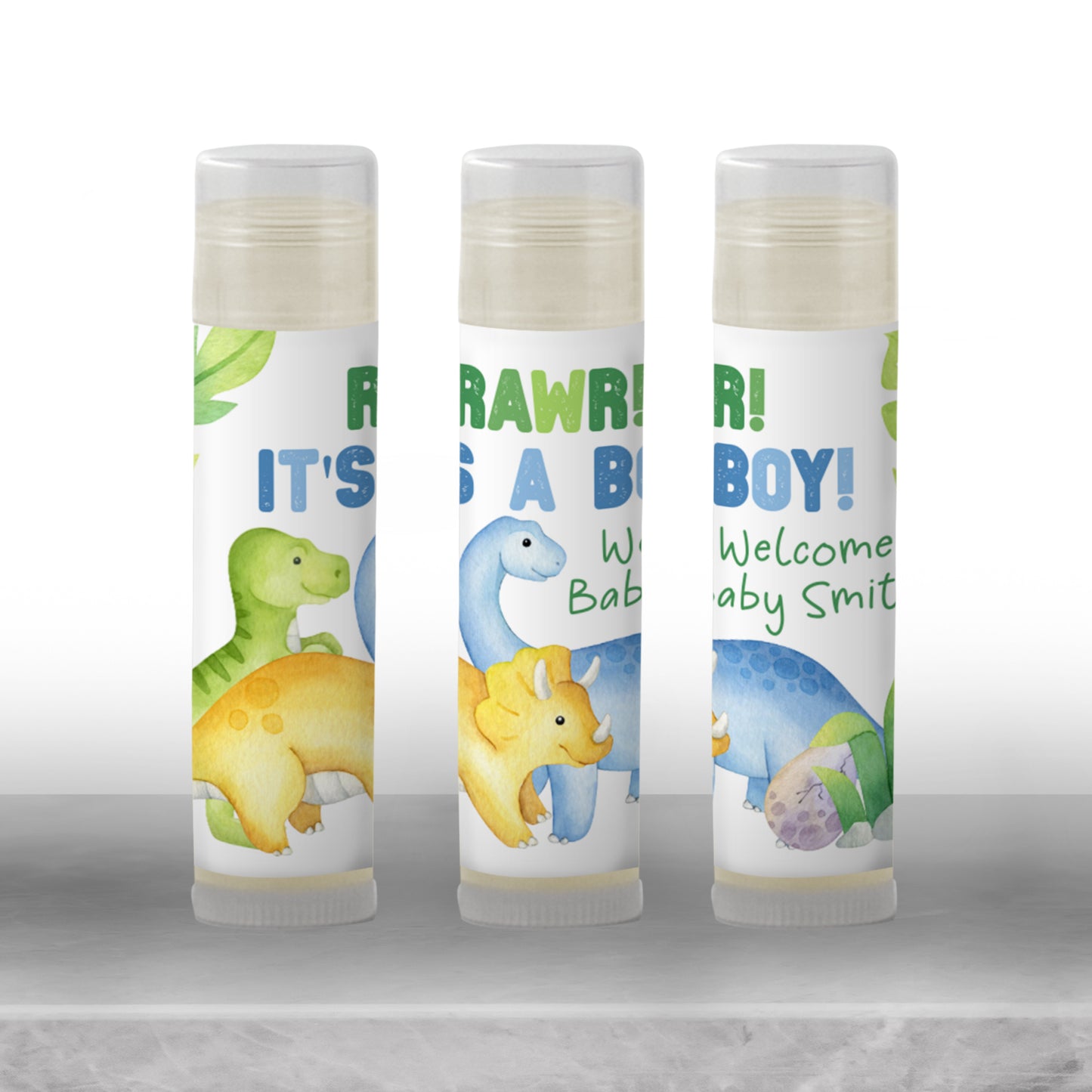 Dinosaur Baby Shower Chapstick Favor | Rawr It’s a Boy | Dino Party Favor | Boy Baby Shower Lip Balm Favor for Guests, 4002