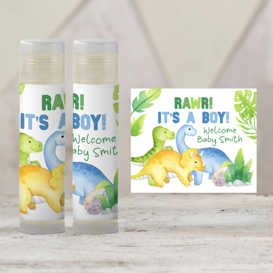 Dinosaur Baby Shower Chapstick Favor | Rawr It’s a Boy | Dino Party Favor | Boy Baby Shower Lip Balm Favor for Guests, 4002