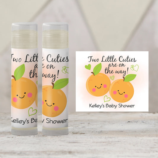 Two Little Cuties Baby Shower Lip Balm Favors | PRINTED Twin Orange Theme Labels or Lip Balm | Citrus Twin Girls or Boys Party Stickers 4004