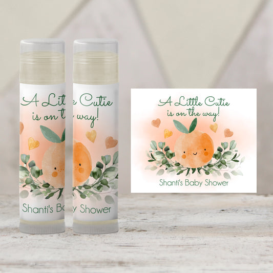Little Cutie Baby Shower Lip Balm Favors | PRINTED Citrus Orange Labels or Lip Balm | Summer Fruit Theme Party Favors for Guests 4005