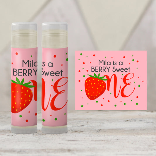 A Berry Sweet One First Birthday Favors Lip Balm | PRINTED Strawberry Labels or Lip Balm Favors | Girl 1st Birthday Party Guest Gifts 4029