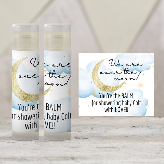 Over the Moon Baby Shower Favors Lip Balm | PRINTED Moon and Stars Label or Lip Balm Favor | Blue Celestial Boy Baby Shower Guest Gifts 4032
