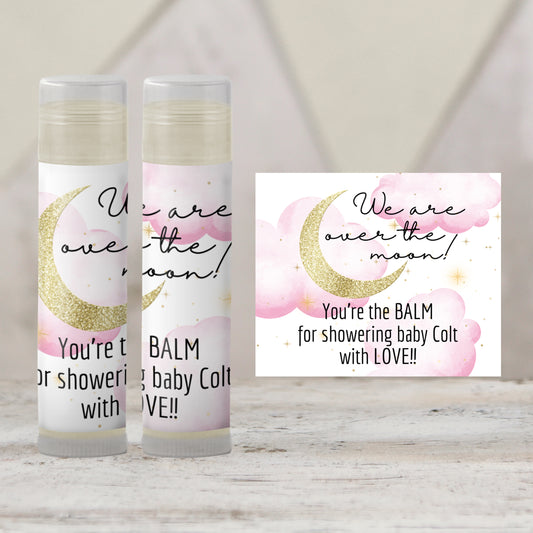 Pink Over the Moon Baby Shower Favors PRINTED Lip Balm Labels or Lip Balm | Girl Celestial Theme | Stars and Moon Party Guest Gift 4032