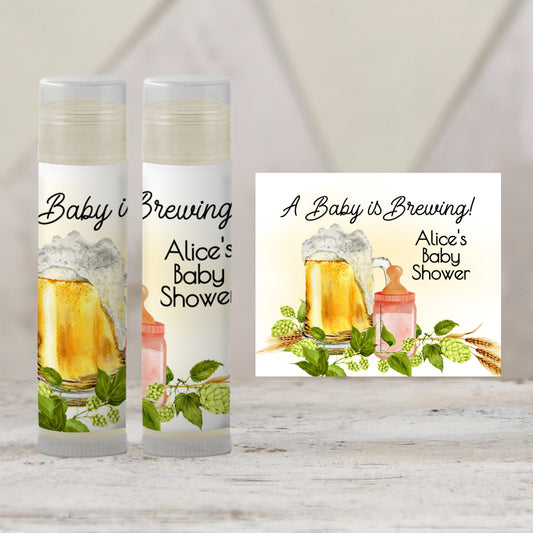 Baby Is Brewing Baby Shower Lip Balm Favors: Beer Theme Girl Party Guest Gift