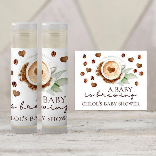 A Baby Is Brewing Baby Shower Favors Lip Balm Label TEMPLATE | Coffee Theme Printable | Bebe Café Baby Brunch Party Stickers 4036