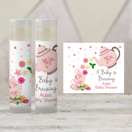 Tea Party Baby Shower Lip Balm Favors: A Baby is Brewing Brunch Guest Gift
