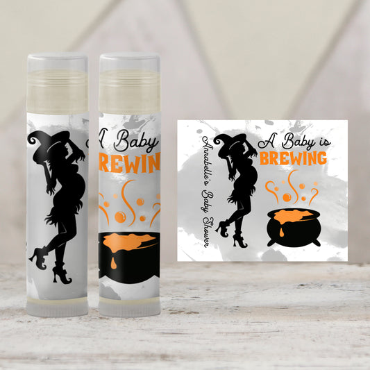 Baby Is Brewing Baby Shower Favors Lip Balm | PRINTED Halloween Witch Cauldron Labels or Lip Balm | October Baby Girl Fall Party Favors 4038